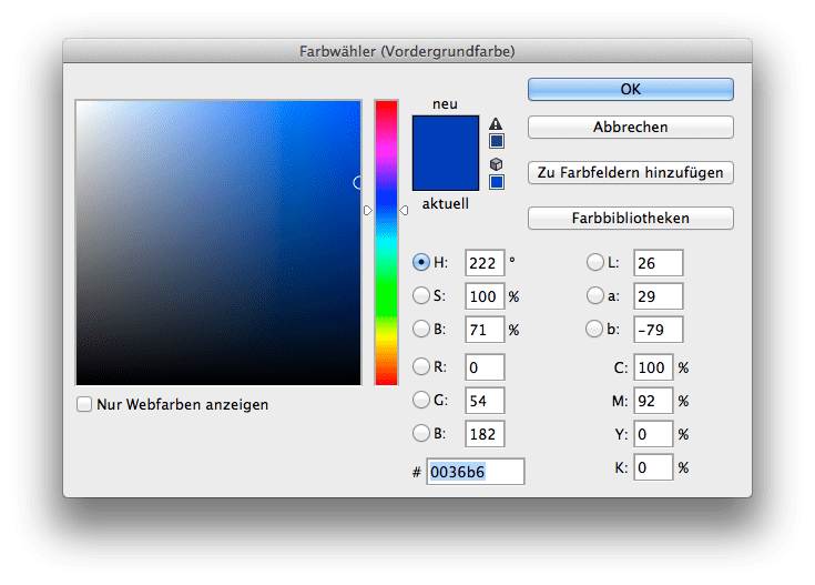 Umrechnung von Pantone+ Solid Coated in CMYK über den Farbwähler in Adobe Photoshop
