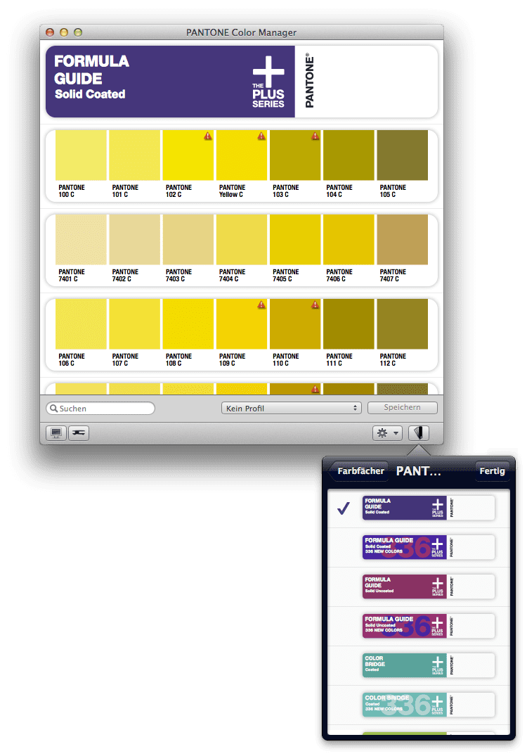 Screenshot Pantone Color Manager 3.13.2014. Neither the Pantone 50th Anniversary subjects nor the current Pantone Plus courses from 2014 in the current Pantone Color Manager software.