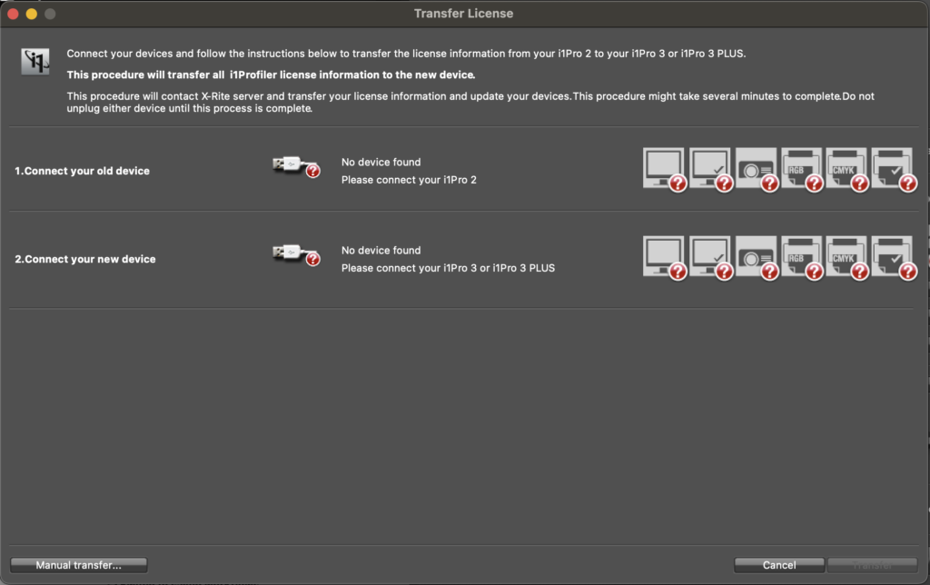 Transfer License dialogue in X-Rite i1 Profiler from i1Pro 2 to i1Pro 3 or i1Pro 3 PLUS