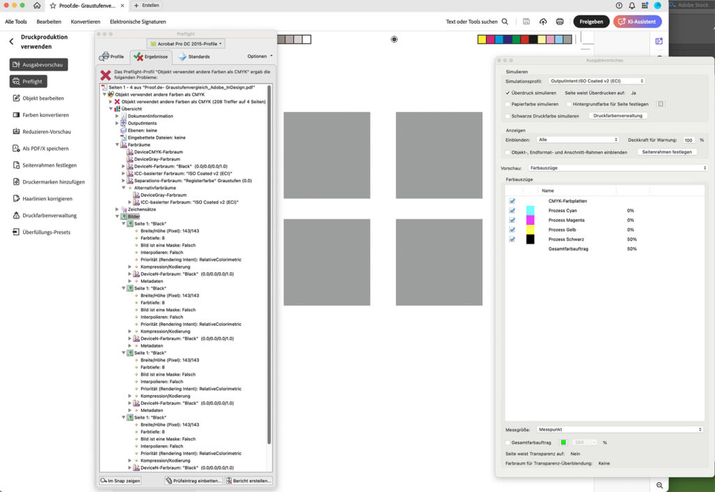 Proof.de greyscale images in Adobe Acrobat in dot gain 15%, dot gain 20%, dot gain 25% and dot gain 30%: All profiles were discarded, even though Adobe InDesign is supposed to retain all profiles.