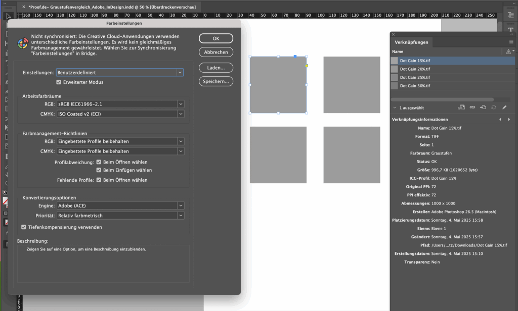 Proof.de greyscale images after import into Adobe InDesign with the profiles: Dot Gain 15%, Dot Gain 20%, Dot Gain 25%, Dot Gain 30%: All images look exactly the same.