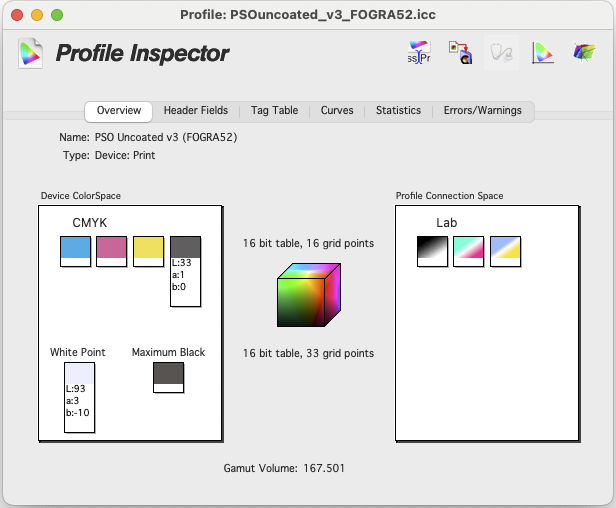Proof.de: Grayscale profile PSOUncoatedV3 Display in Colour Think: The black value with LAB 33/1/0 and the paper white with LAB 93/3/-10 are expanded.