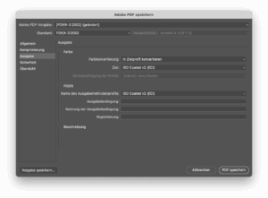 Proof.de: Grayscale export from Photoshop to PDF: Export menu when exporting to a CYMK colour space, such as that of the set soft proof