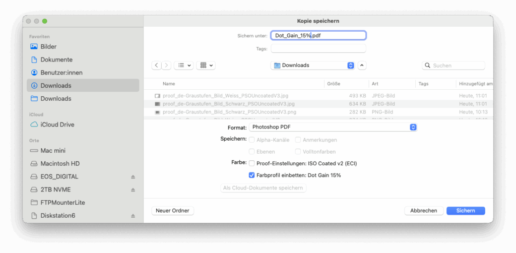 Proof.de: Grayscale export from Photoshop to PDF: There are two options to choose from: either export to the grayscale profile or to a CMYK colour space, such as that of the soft proof you have set up.